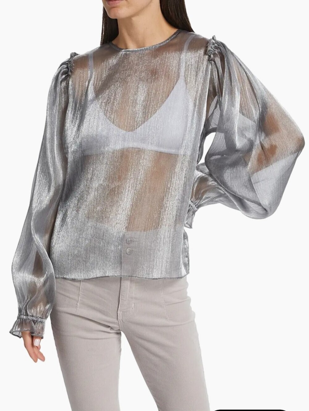 M • Free People • Freya Metallic Semi-Sheer Silver Balloon-Sleeve Blouse - Picture 1 of 7